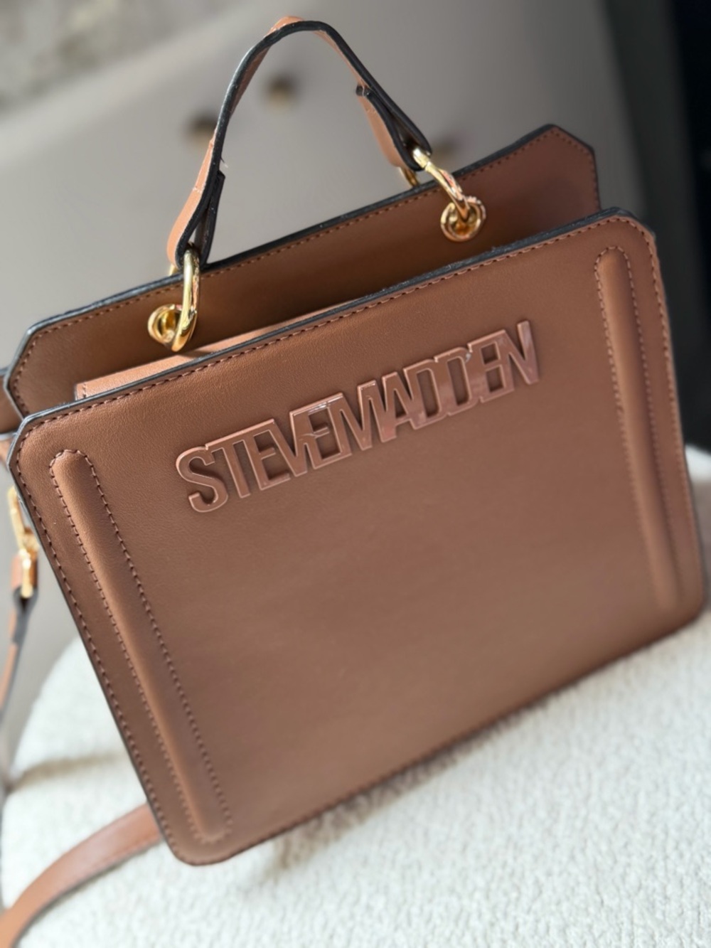 Steve Madden Brown Structured Top-Handle Satchel with Gold Hardware